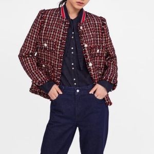 Zara Tweed Plaid Bouclé Button Blazer Navy Red Size Small